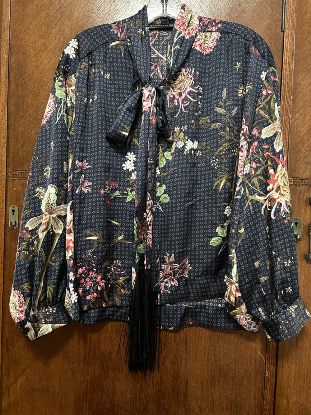 Zara Woman Black Floral fringe Tie-Neck Blouse with Pink & Green Floral Accents